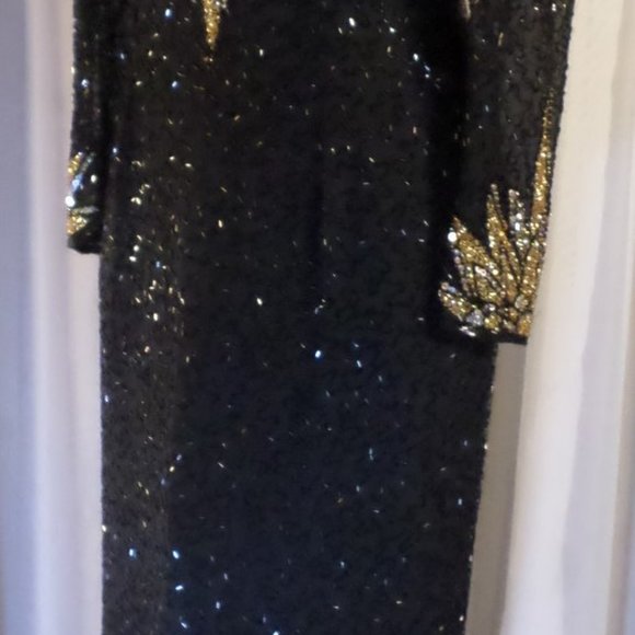 Lady Long Silk Gown Sequin Bead Size 12 Black Gold - Picture 3 of 8